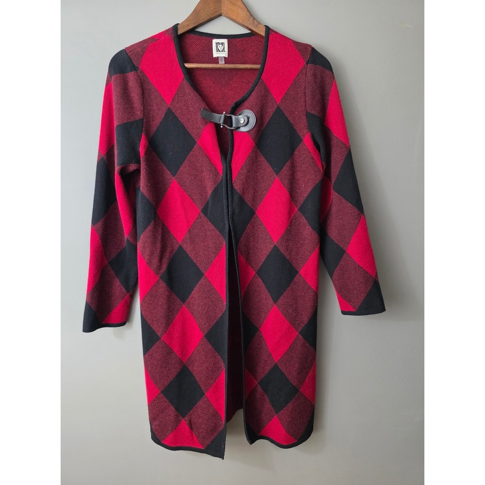 Anne Klein Red Black Buffalo Plaid Argyle Buckle Front Longline Cardigan Medium